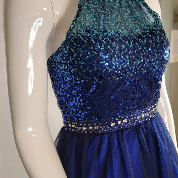 Blue Ombre Sequin Halter Dress w/ Beaded Waistband Prom Formal - Picture 3 of 13